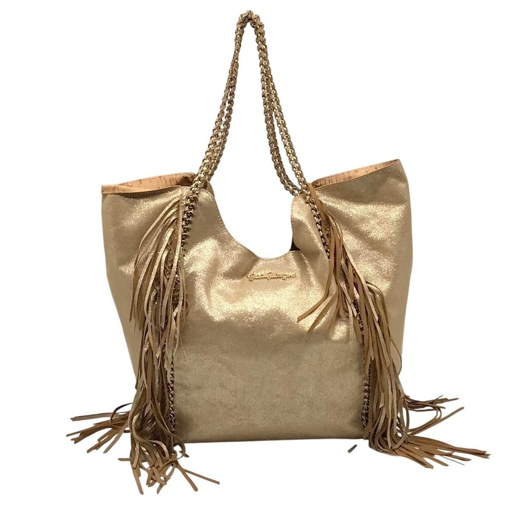 Lilly Pulitzer Metallic Gold Fabric Fringe Tote Bag